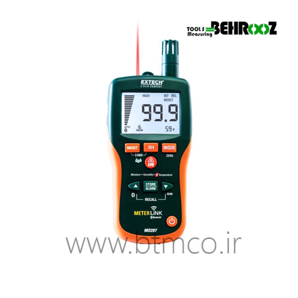 Extech-Pinless-Moisture-Psychrometer-with-IR-Thermometer-and-Bluetooth-MeterLink™-MO297